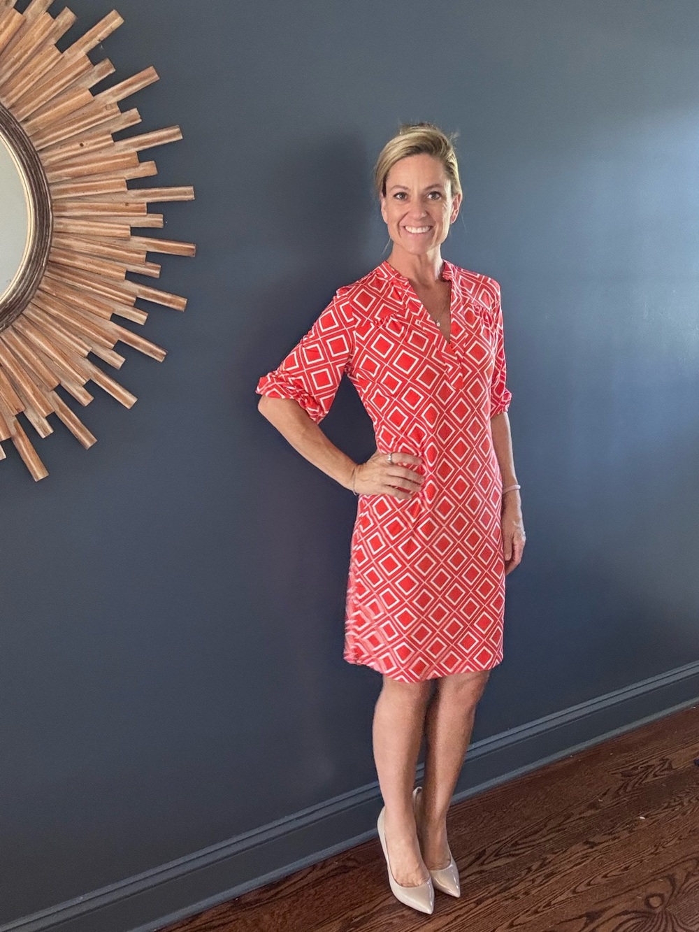 Banana Republic Red / Orange  Geometric Midi Knee Length Dress Size Small Sm